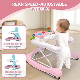 Pawtong adjustable-height walker keeps baby at comfortable height.