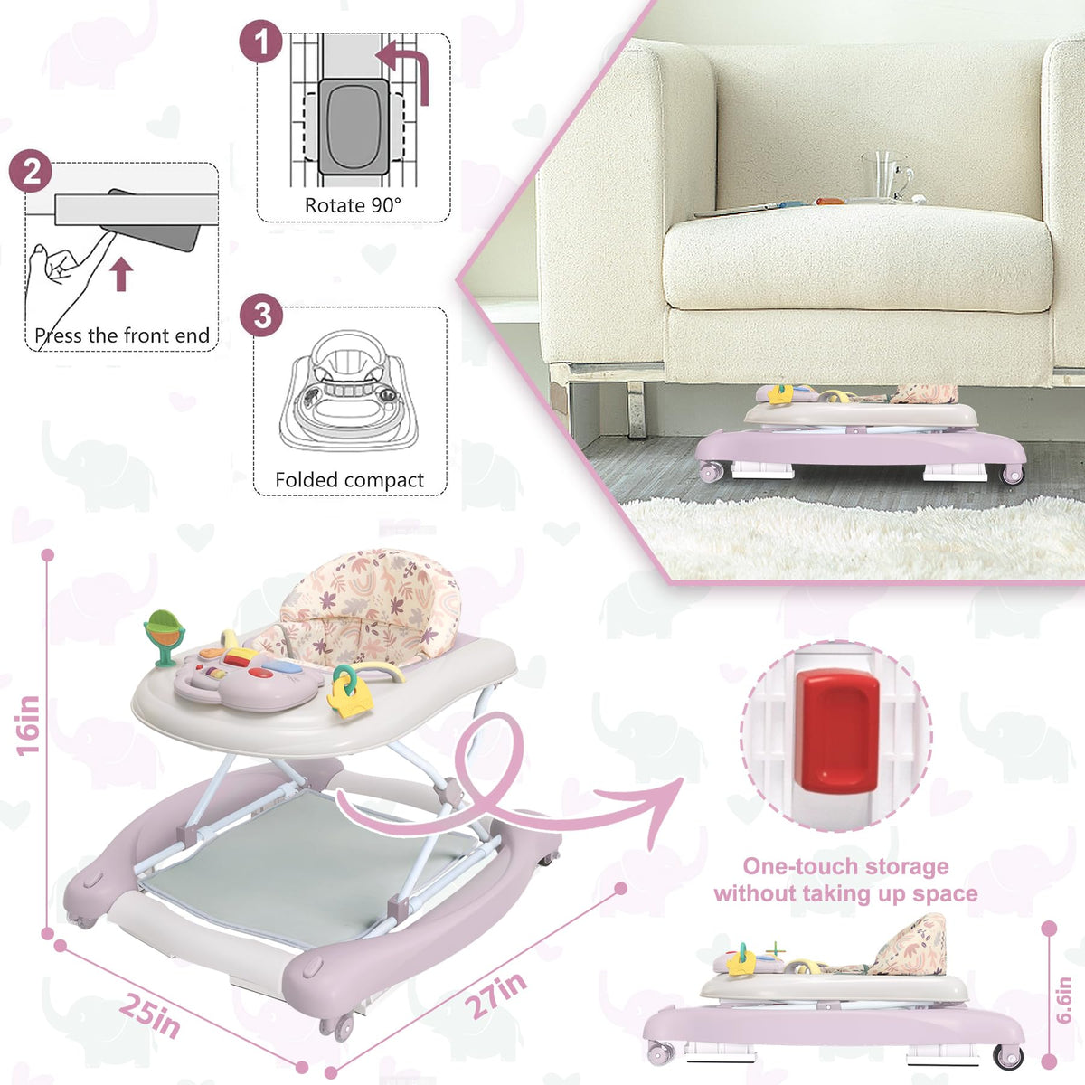 Pawtong walker purple rear wheels with adjustable speed for growing babies.
