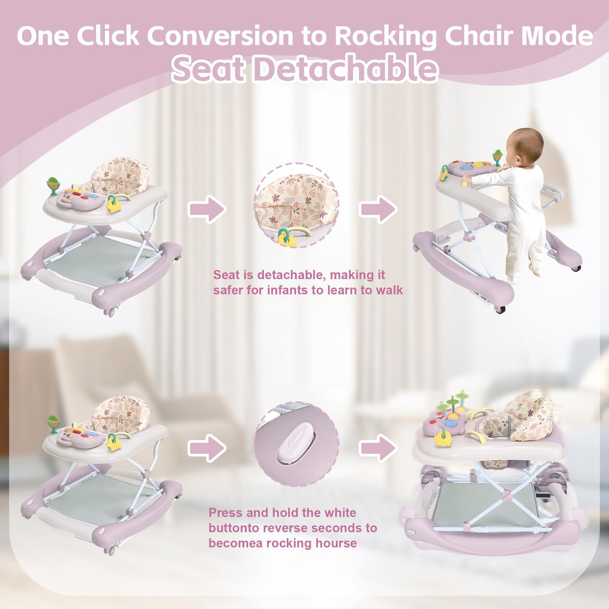 Pawtong purple walker in seat table mode for snack time and play.