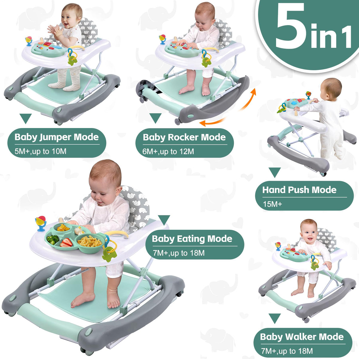 Pawtong 5-in-1 walker in bouncer mode engages baby with music and toys.