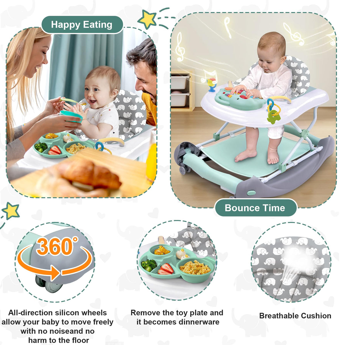 Pawtong 5-in-1 walker in eating-table form creates convenient snack time.