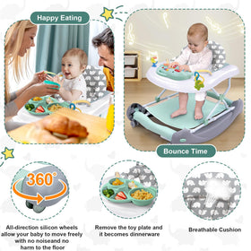 Pawtong 5-in-1 walker in eating-table form creates convenient snack time.