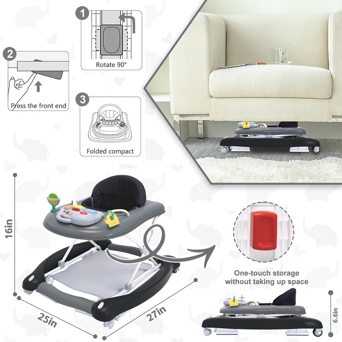 Pawtong 5-in-1 walker with activity center stimulates senses through music and toys