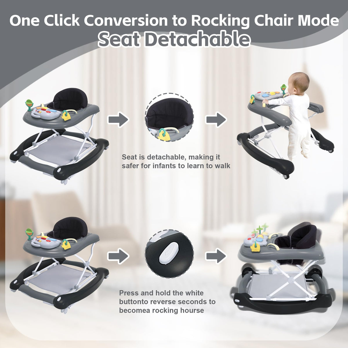 Pawtong 5-in-1 walker in push mode enables independent exploration around the room