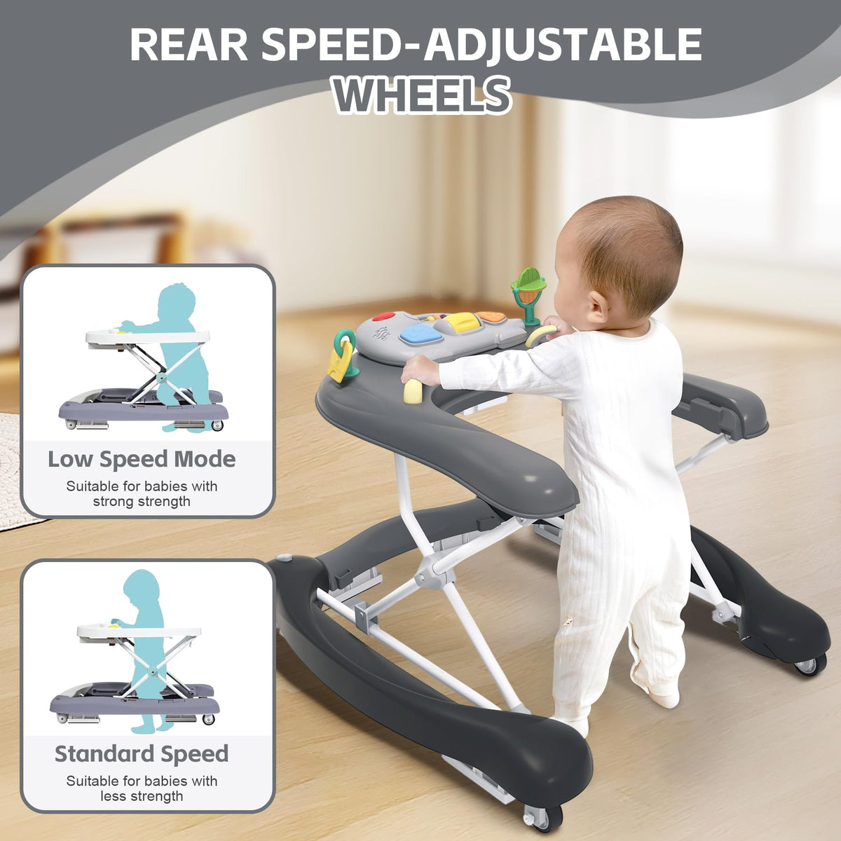 Pawtong walker in eating-table mode offers a convenient snack or play surface