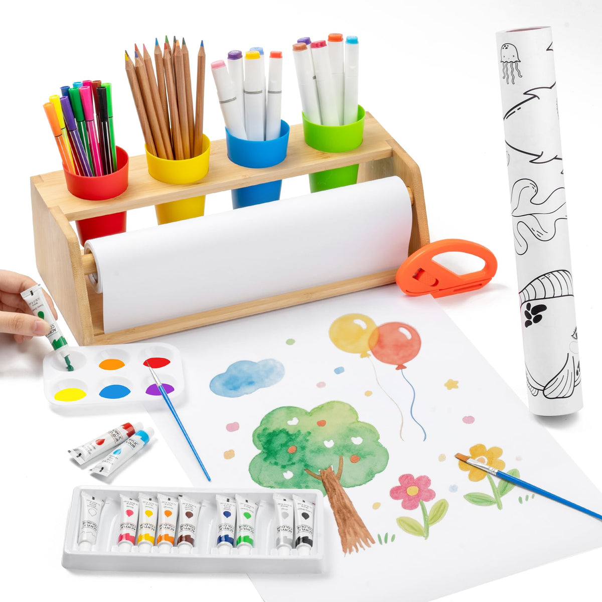 Payarma paper roll dispenser on kids easel enabling clean tearing and easy use