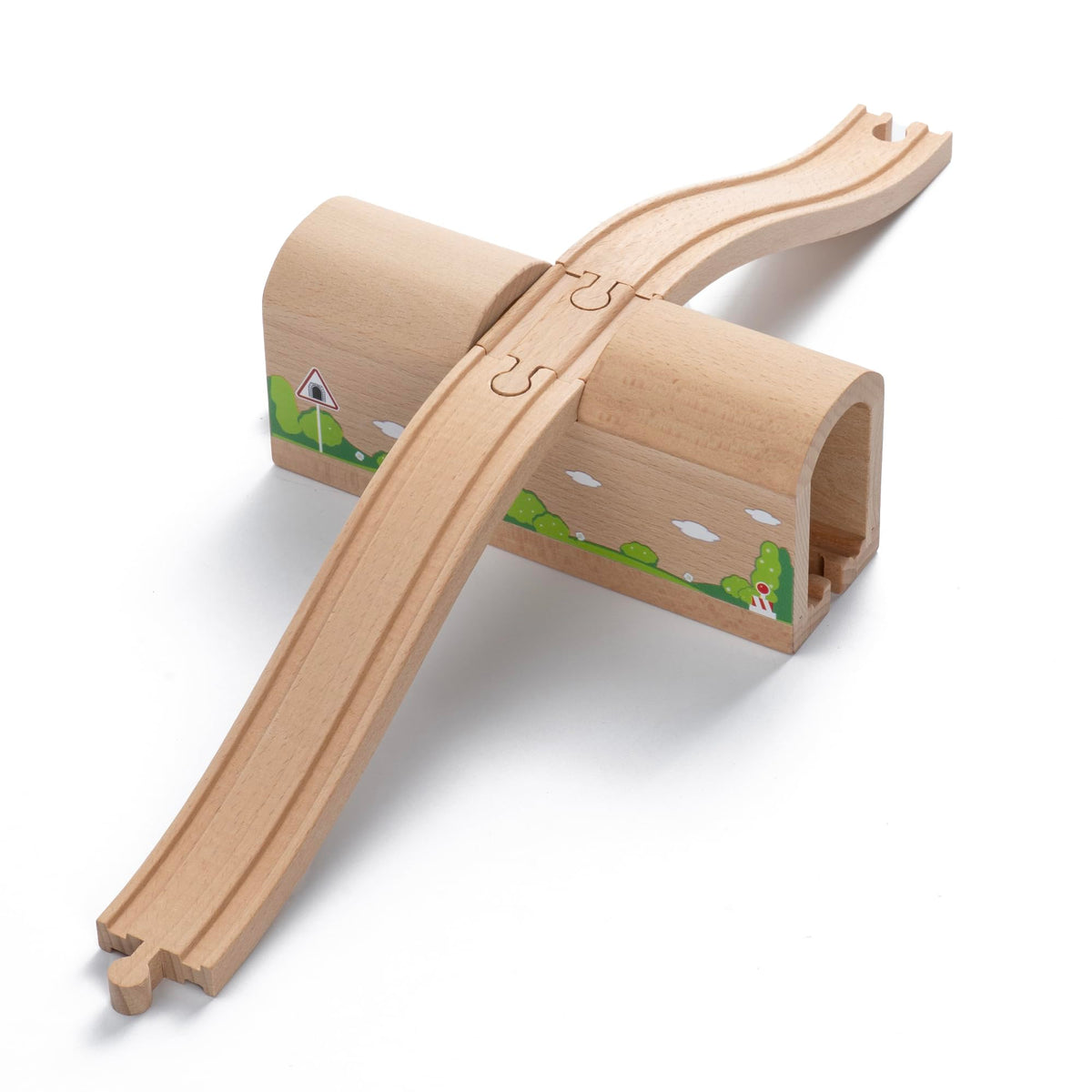 Payarma wooden train bridge-tunnel enhances 3D layouts for imaginative play.