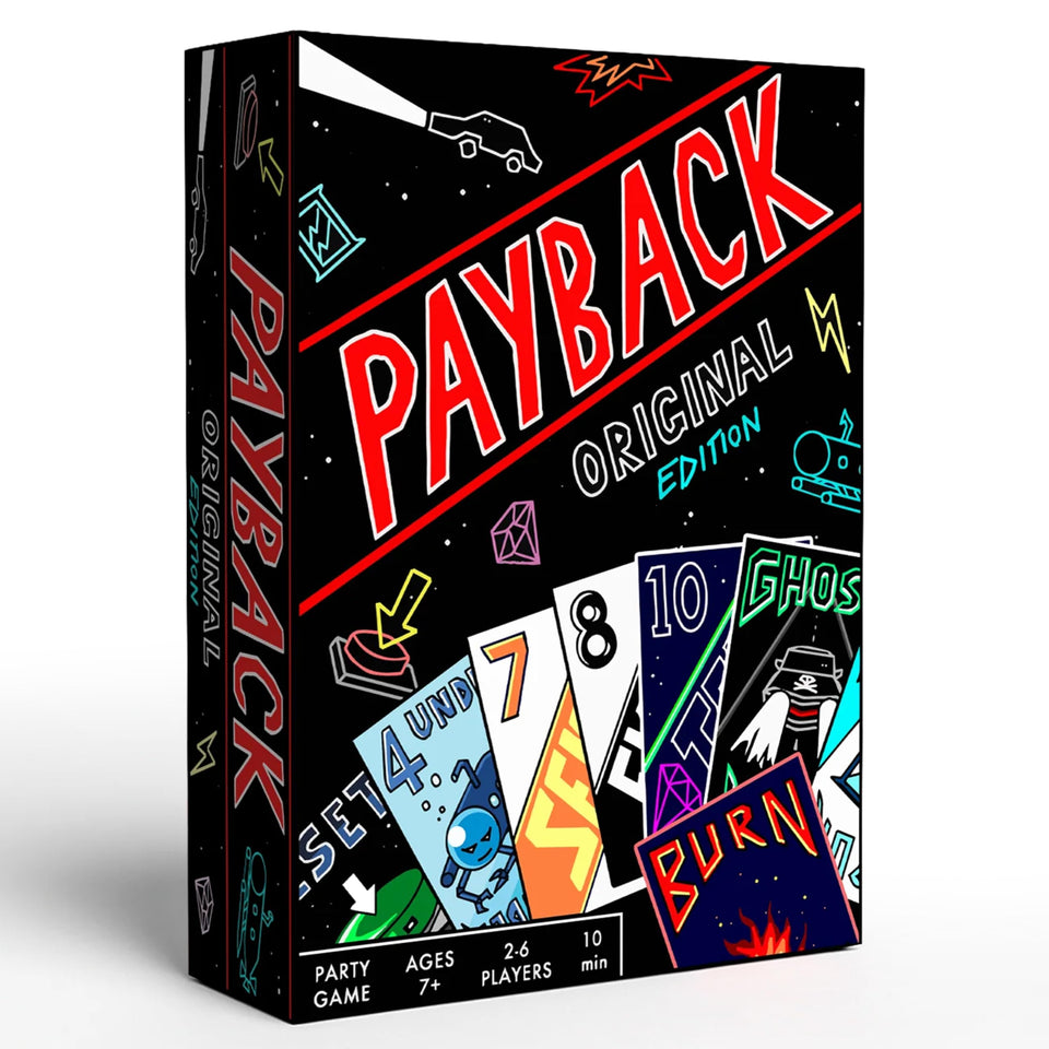 PAYBACK Original Edition playing cards laid out for quick, chaotic family fun.