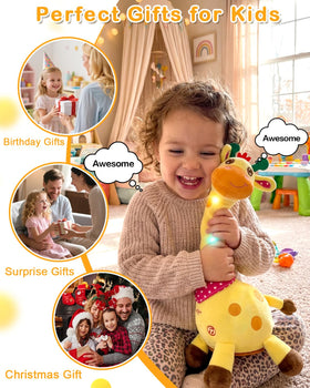 Pbooo giraffe toy held during toddler play promoting interaction and smiles