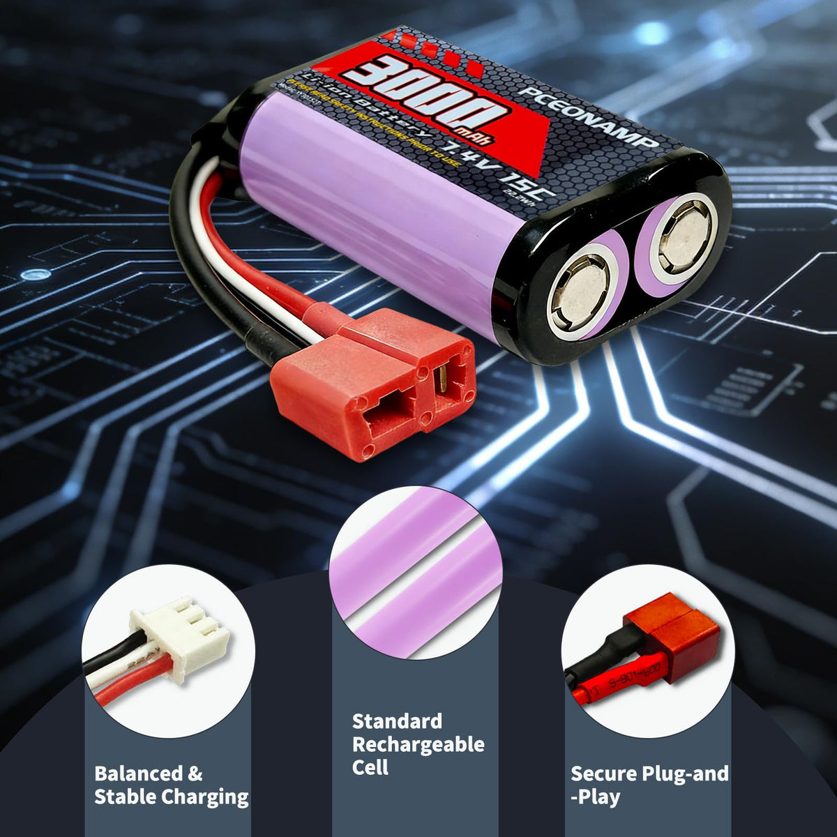 No memory effect charge with PCEONAMP 3000mAh design