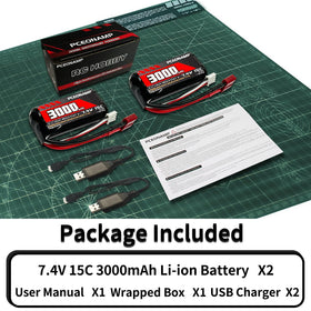 Package contents include two batteries and charging cables