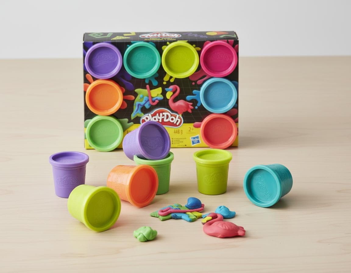 PD Play-Doh Neon cans close-up highlighting bright hues for imaginative modeling.