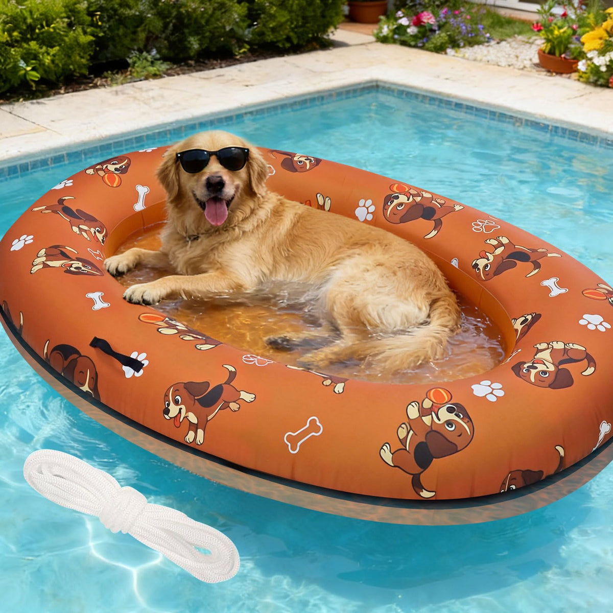 Pdpdoc 61x43 orange dog pool float side view for spacious lounging