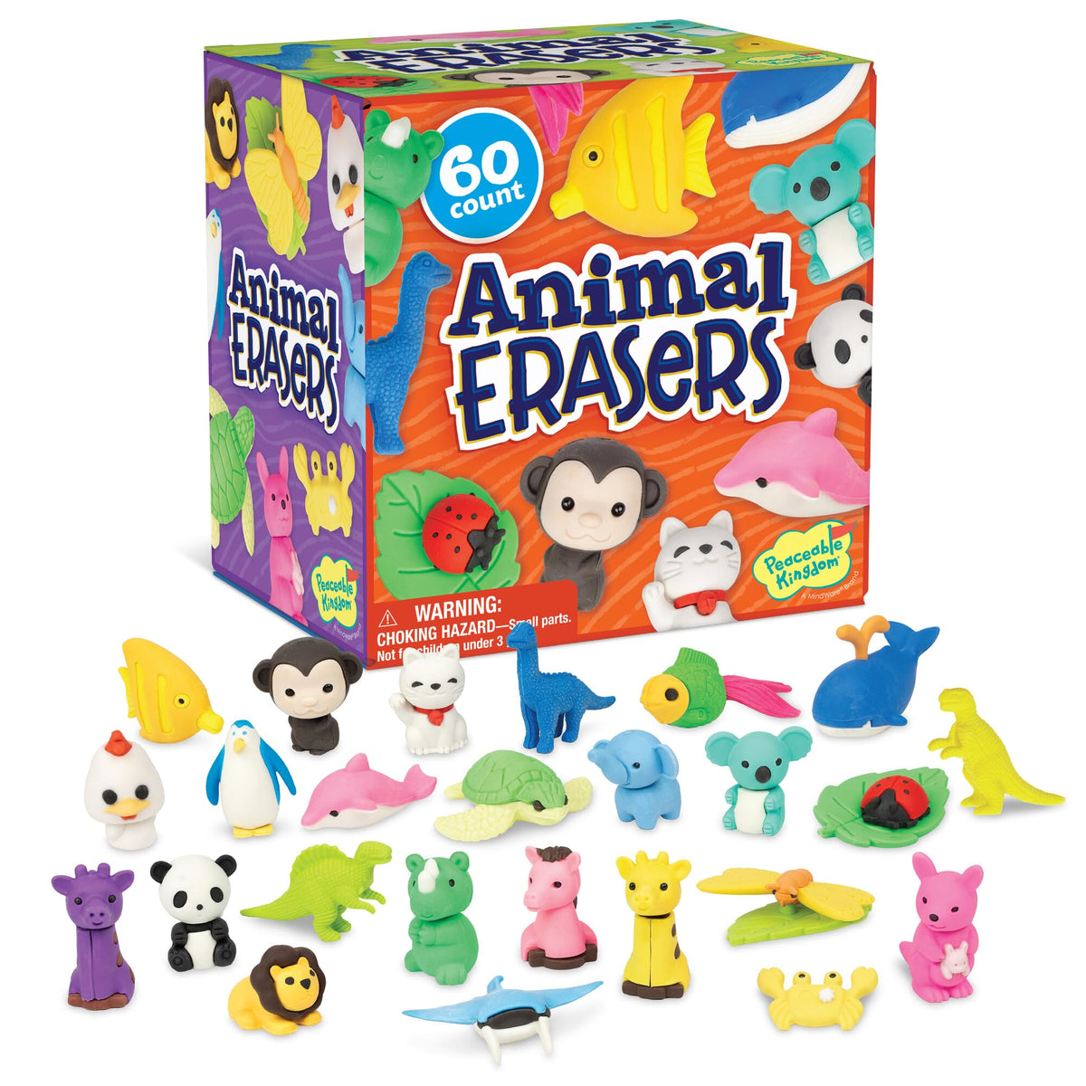 Peaceable Kingdom 60 animal erasers pack, colorful classroom prize option