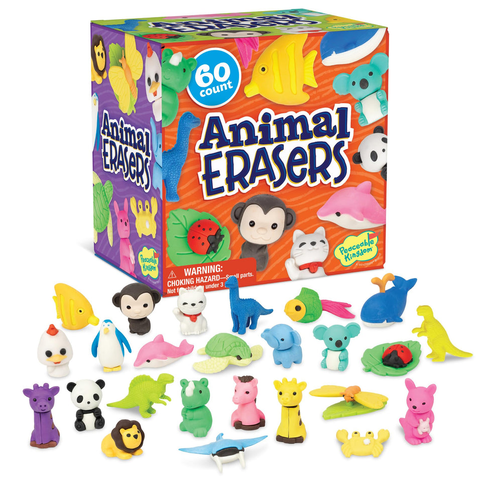 Peaceable Kingdom 60 animal erasers pack, colorful classroom prize option