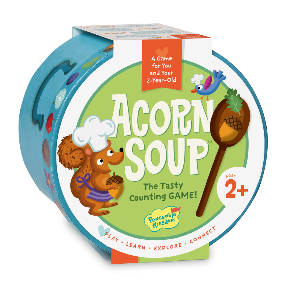 Peaceable Kingdom Acorn Soup Game box with wooden spoon for toddler cooking play.