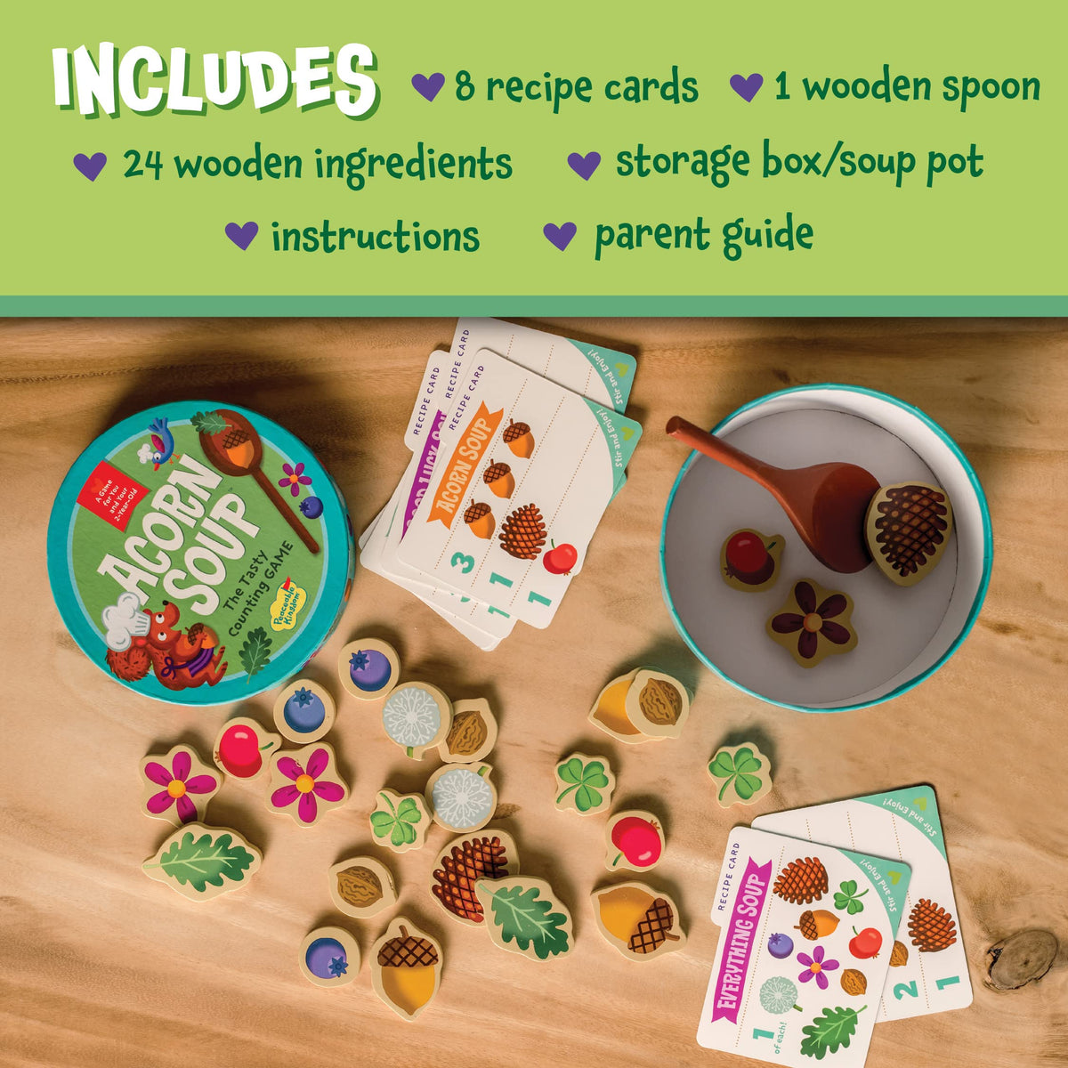 Peaceable Kingdom Acorn Soup Game children playing in a pretend kitchen.