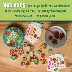 Peaceable Kingdom Acorn Soup Game children playing in a pretend kitchen.