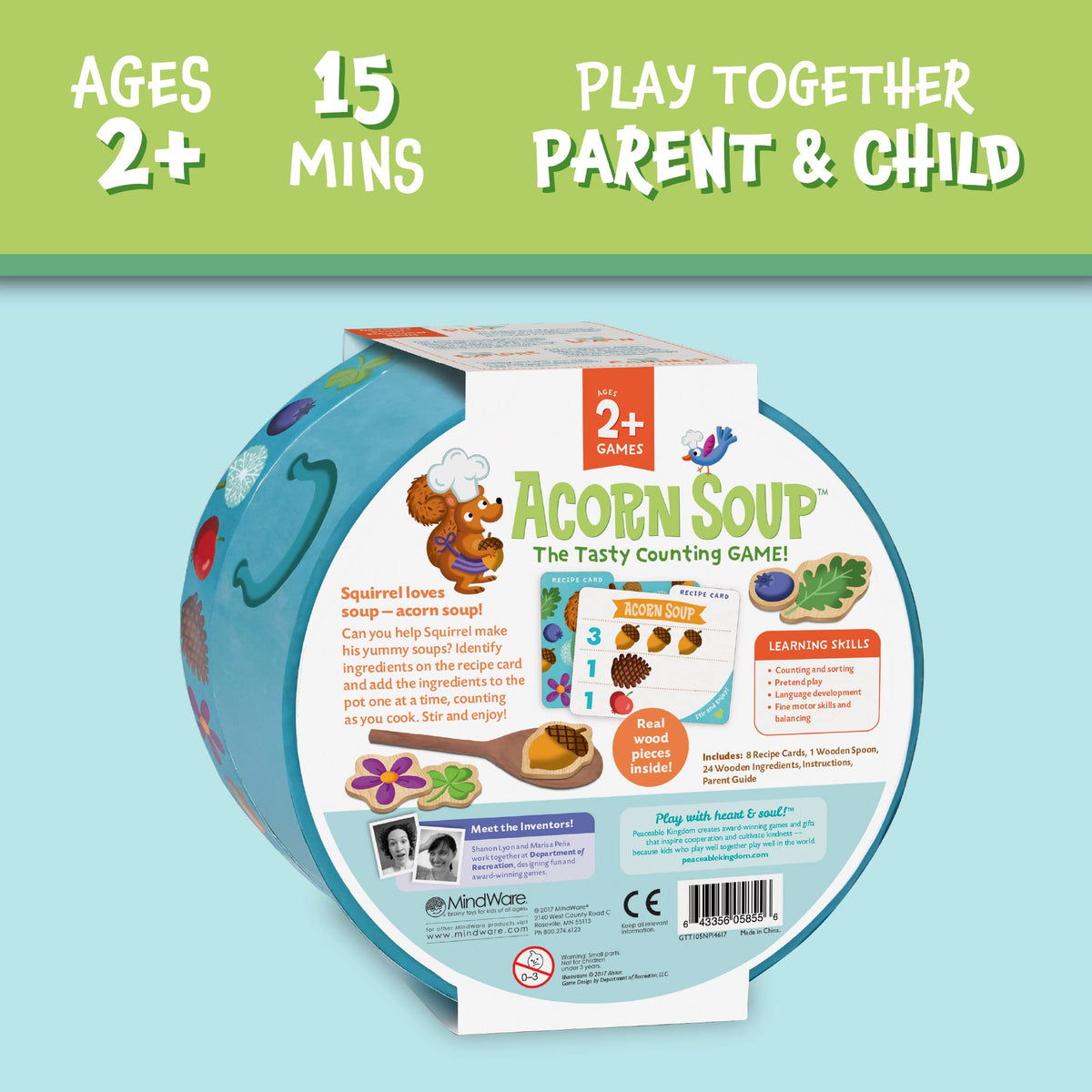Peaceable Kingdom Acorn Soup Game recipe cards guide kid-friendly cooking play.