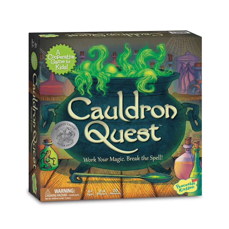 Peaceable Kingdom Cauldron Quest board and cauldron tokens ready for cooperative play.