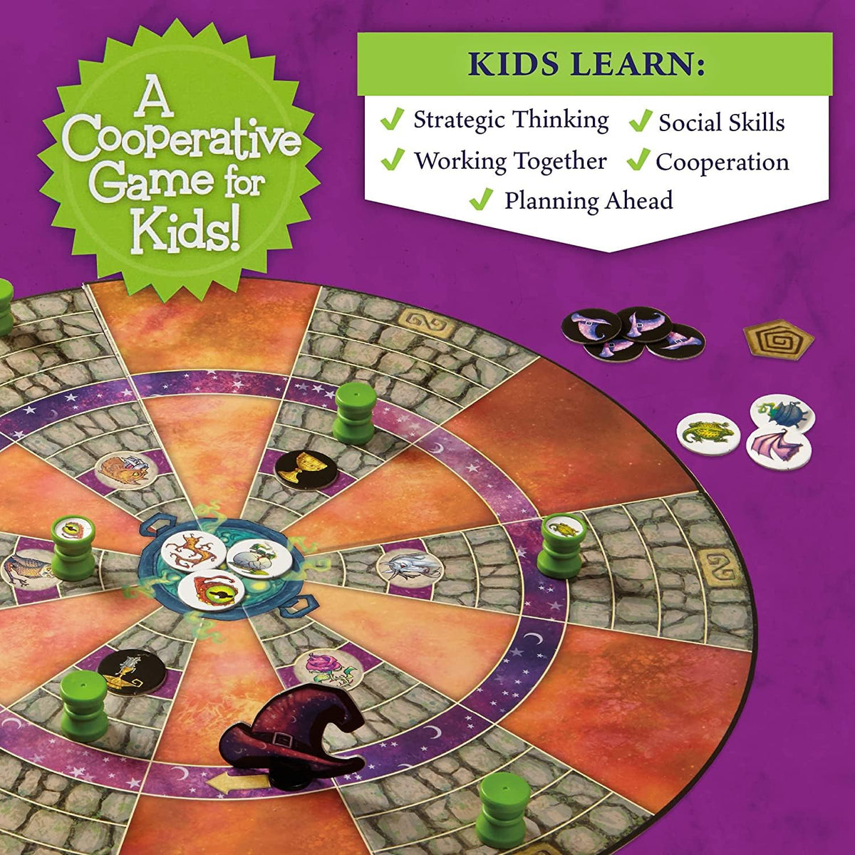 Peaceable Kingdom Cauldron Quest packaging and components shown for family game night.