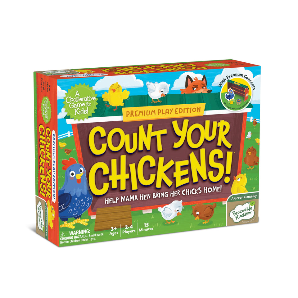 Peaceable Kingdom Count Your Chickens game board supports teamwork during cooperative play.