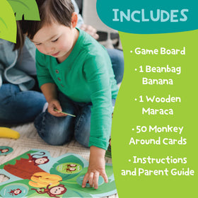 Peaceable Kingdom Monkey Around activity cards invite hopping and tossing challenges.