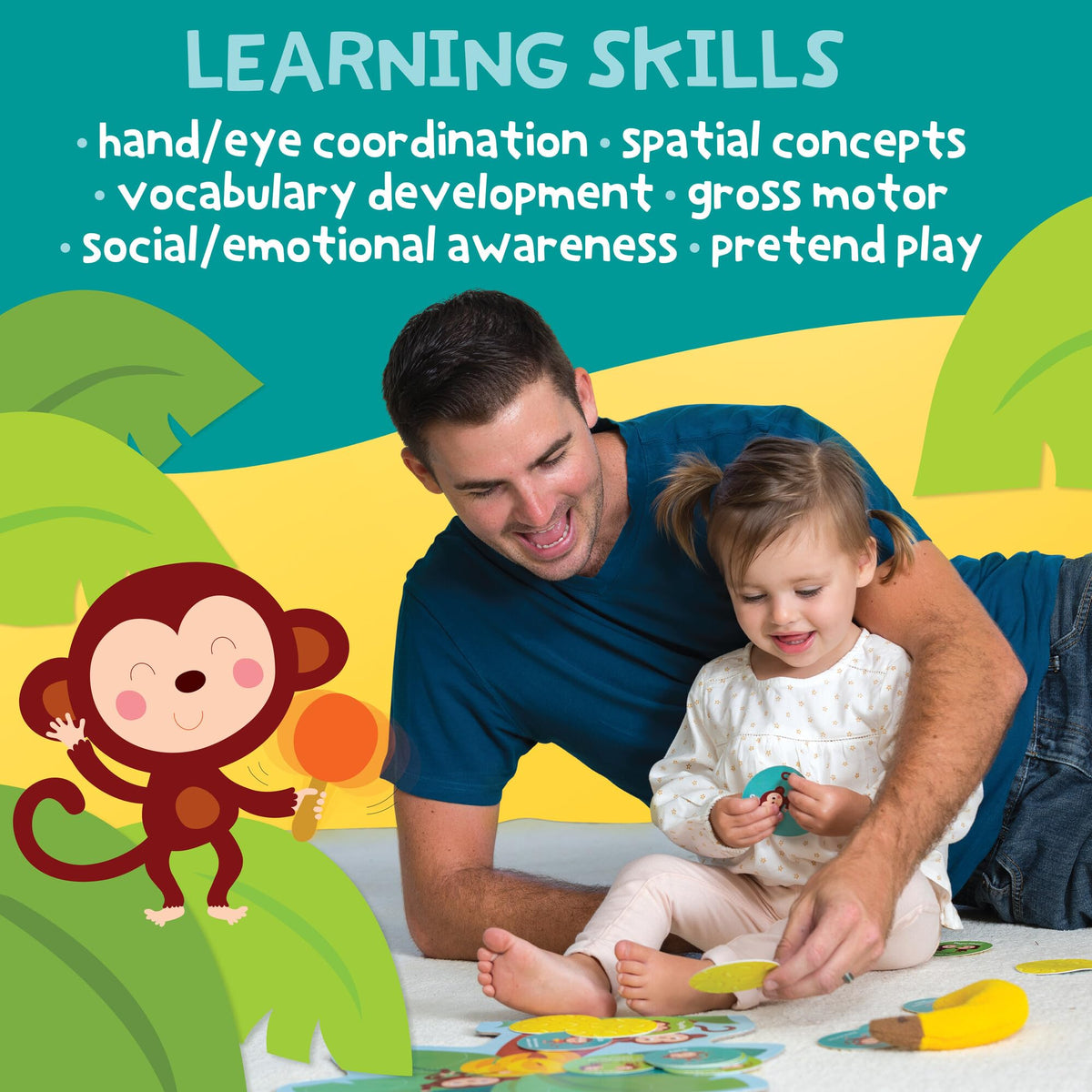 Peaceable Kingdom Deluxe Monkey Around beanbag banana adds sensory play.