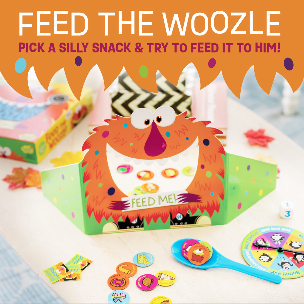 Peaceable Kingdom Feed the Woozle silly snacks inspire counting and turn-taking.