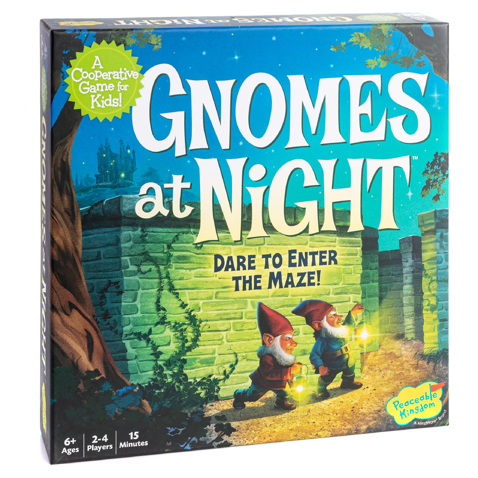 Peaceable Kingdom Gnomes at Night cover showing cooperative play for kids ages 6+