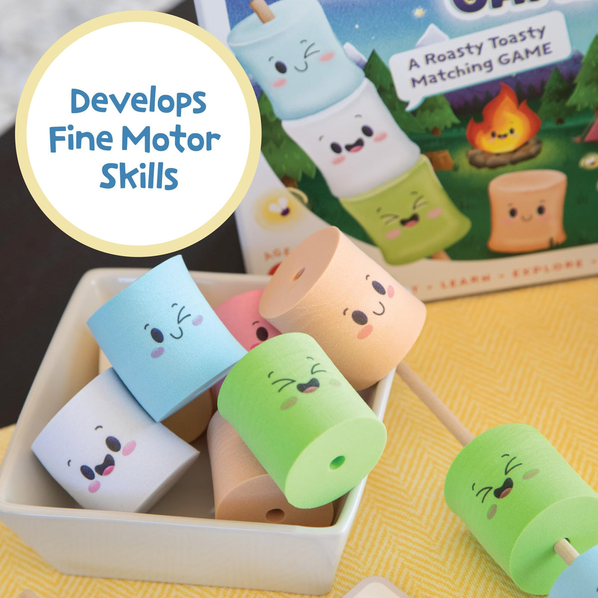Peaceable Kingdom Happy Marshmallow Toddler Game pretend campfire scene to encourage cooperative play