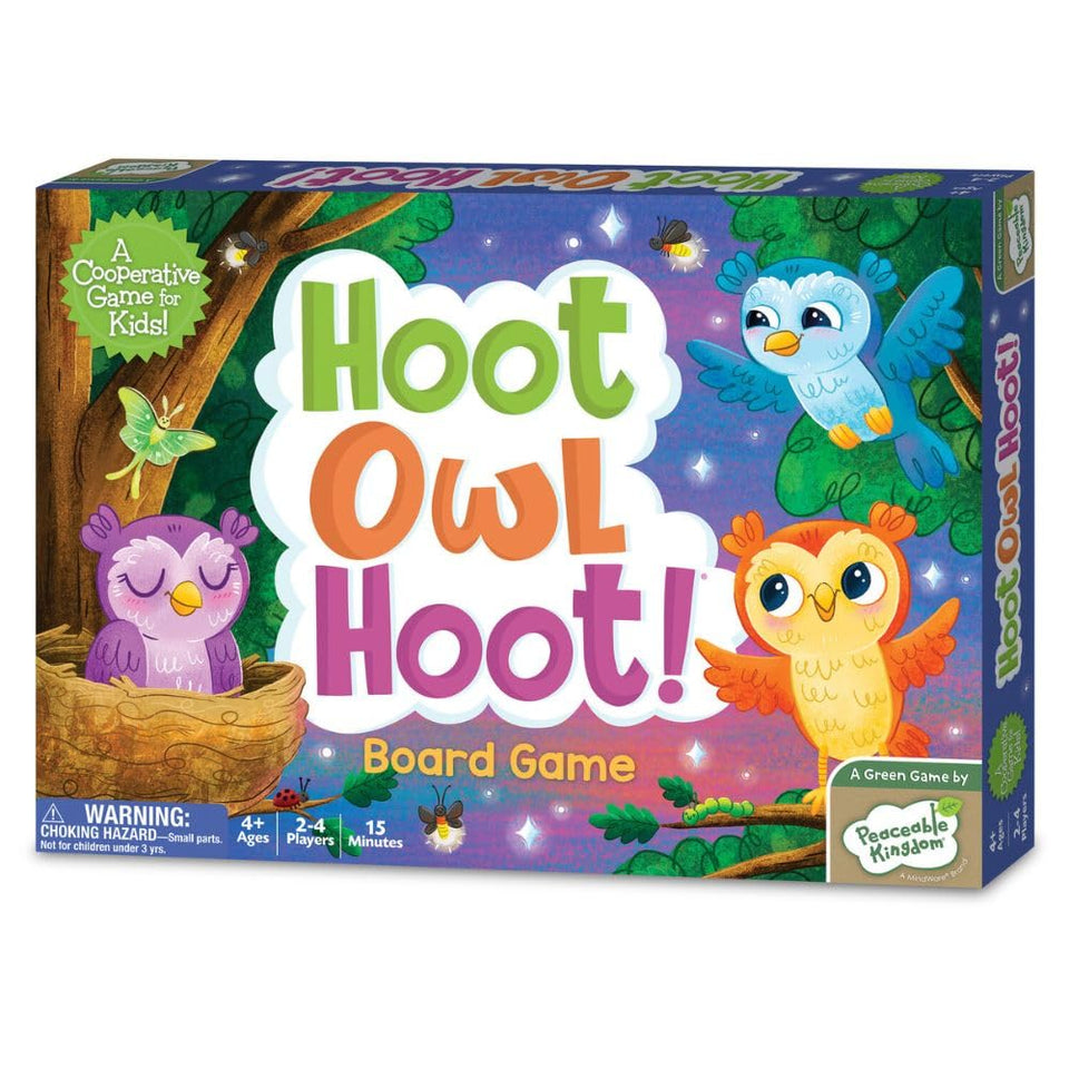 Peaceable Kingdom Hoot Owl Hoot game box featuring friendly owls for family play