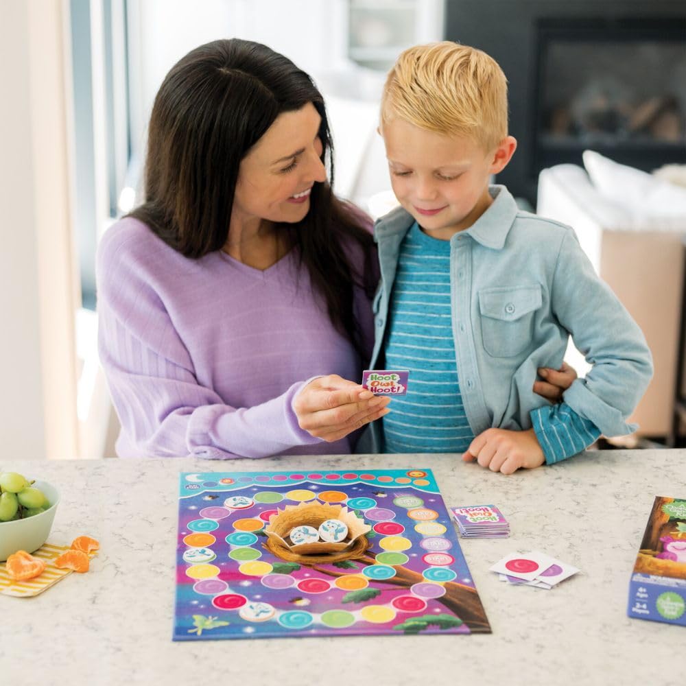 Peaceable Kingdom Hoot Owl Hoot game parts organized for cooperative play