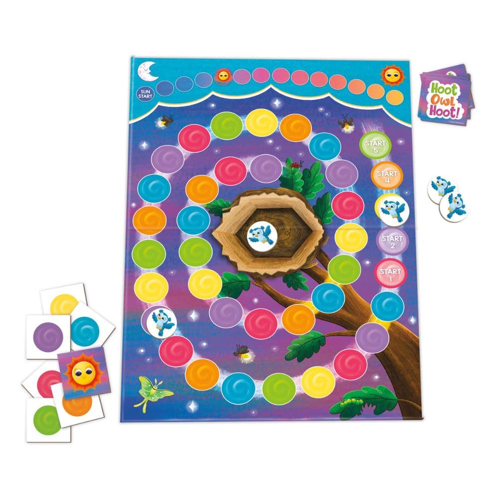 Kids gather at the table to play Peaceable Kingdom Hoot Owl Hoot together