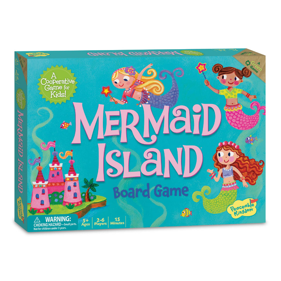 Peaceable Kingdom Mermaid Island board game on table for cooperative play.