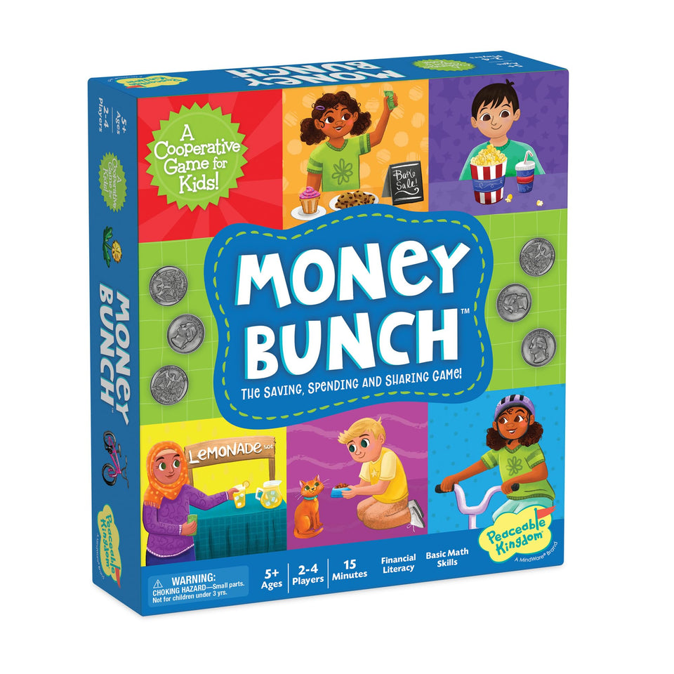 Peaceable Kingdom Money Bunch board showing cooperative gameplay for family learning.