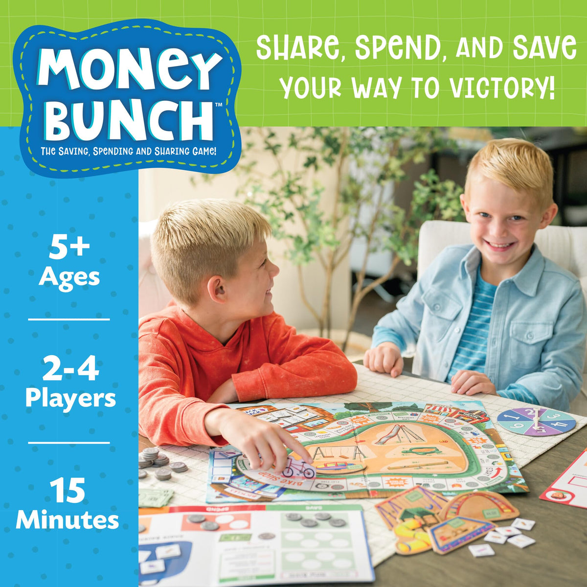 Peaceable Kingdom Money Bunch spinner illustrating decision making and shared goals.