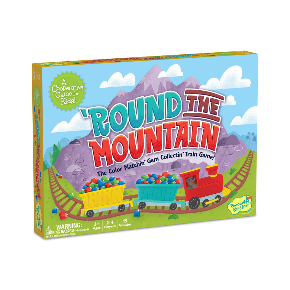 Peaceable Kingdom Round the Mountain board game setup promotes cooperative play for kids.