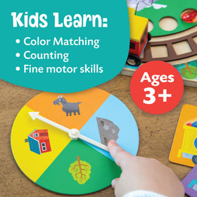 Peaceable Kingdom Round the Mountain spinner in use supports turn-taking and anticipation.