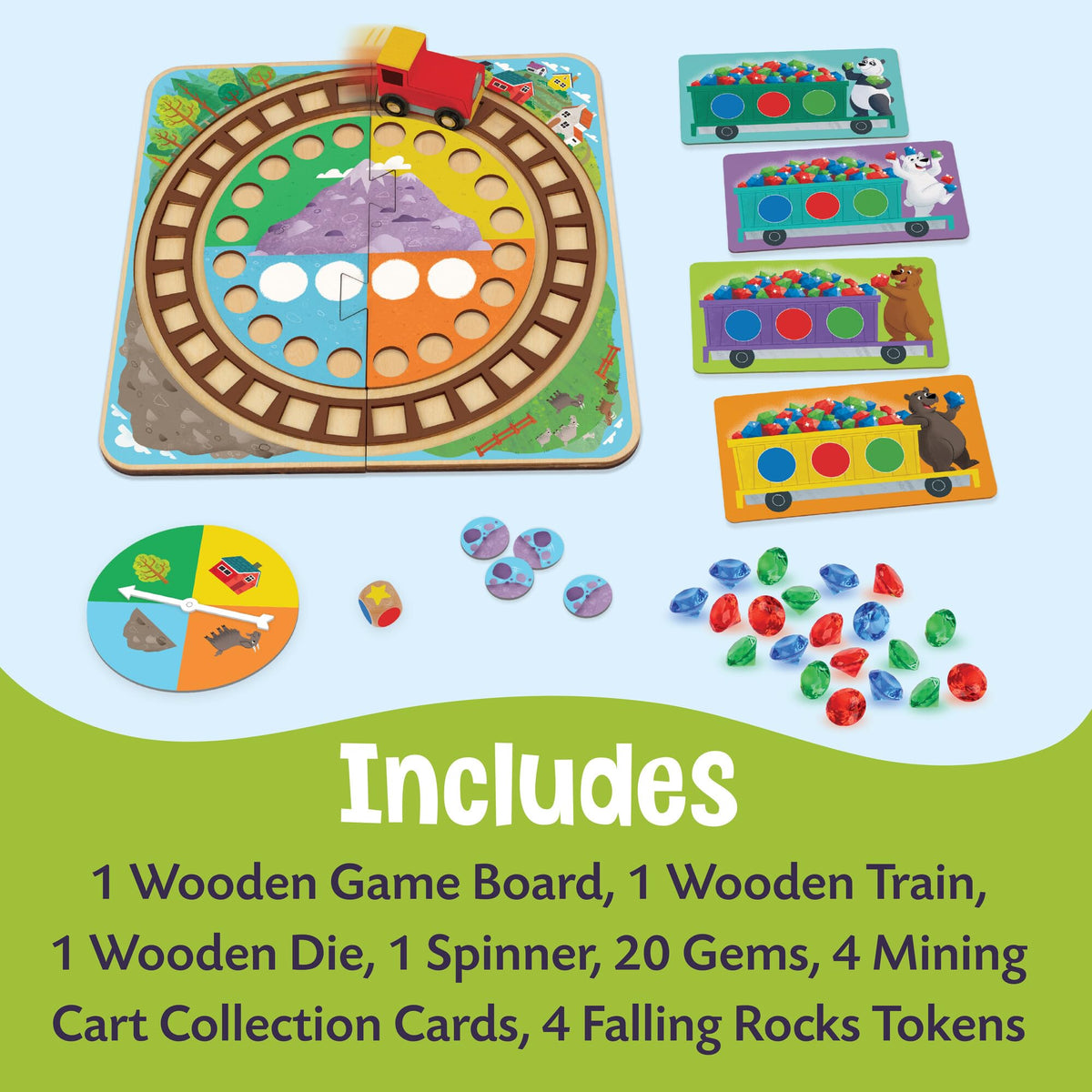 Peaceable Kingdom Round the Mountain wooden die roll scene encourages quick decision making.