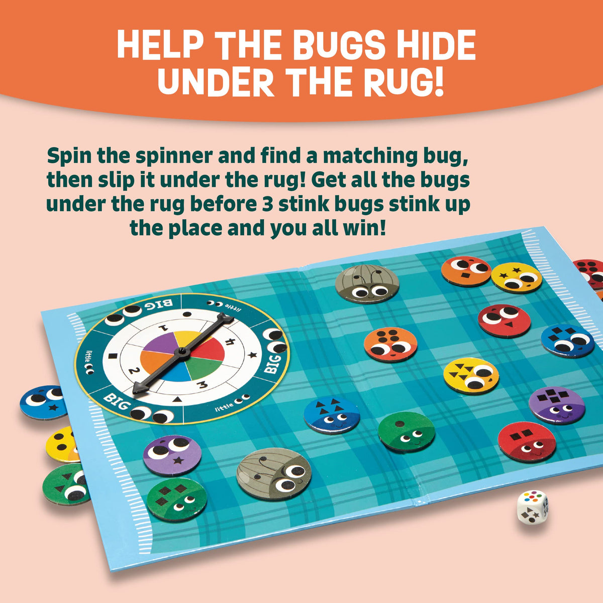 Peaceable Kingdom Snug as a Bug in a Rug game pieces showcase tokens for sorting and motor play.