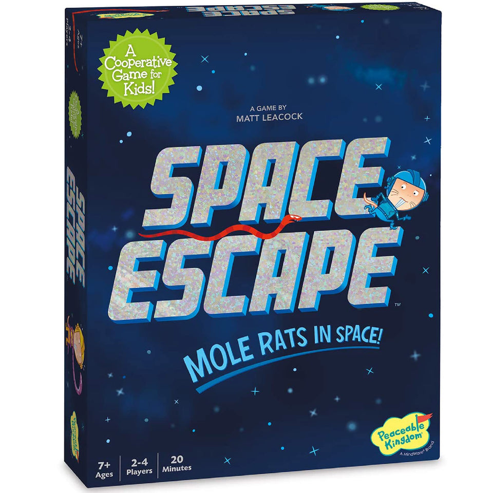 Peaceable Kingdom Space Escape board featuring Mole Rats for cooperative play.