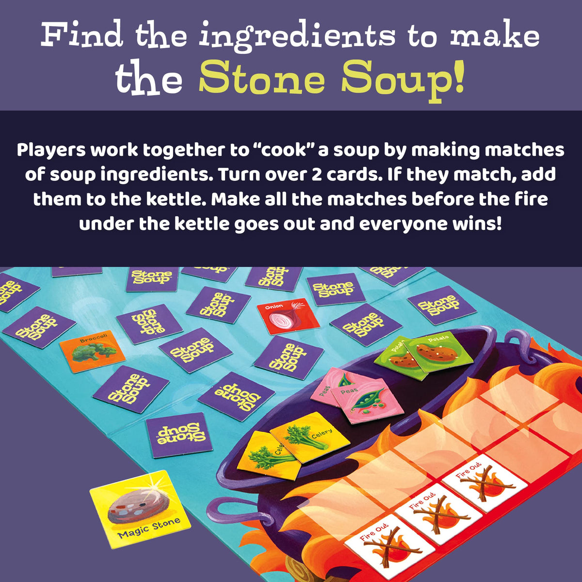 Peaceable Kingdom Stone Soup fire-out cards encourage turn-taking and focus