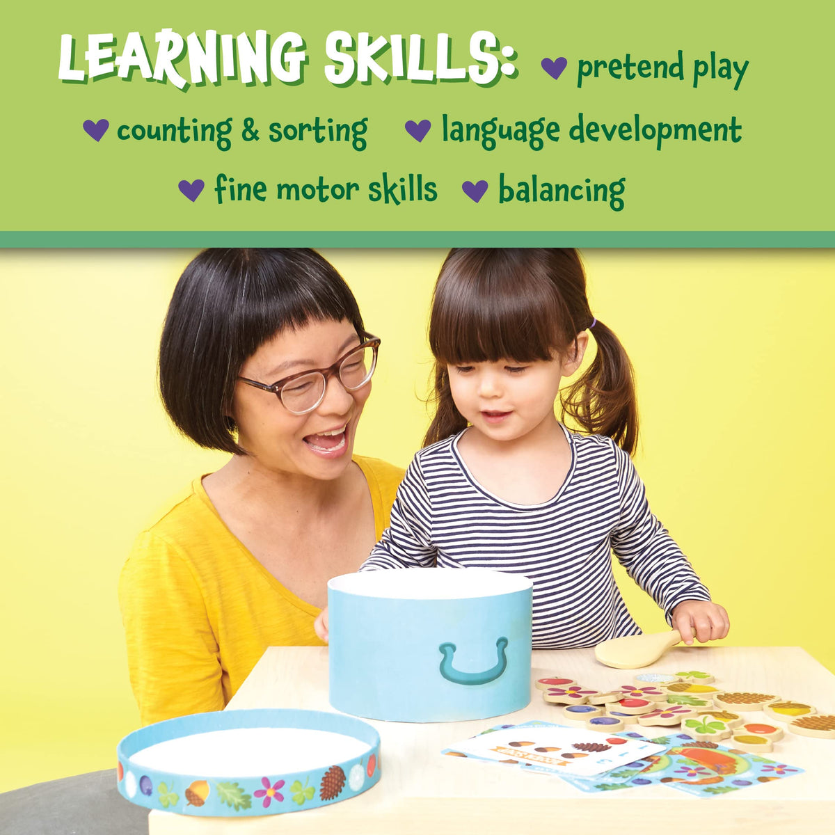 Peaceable Kingdom Acorn Soup Game set of 24 wooden ingredients for hands-on learning.