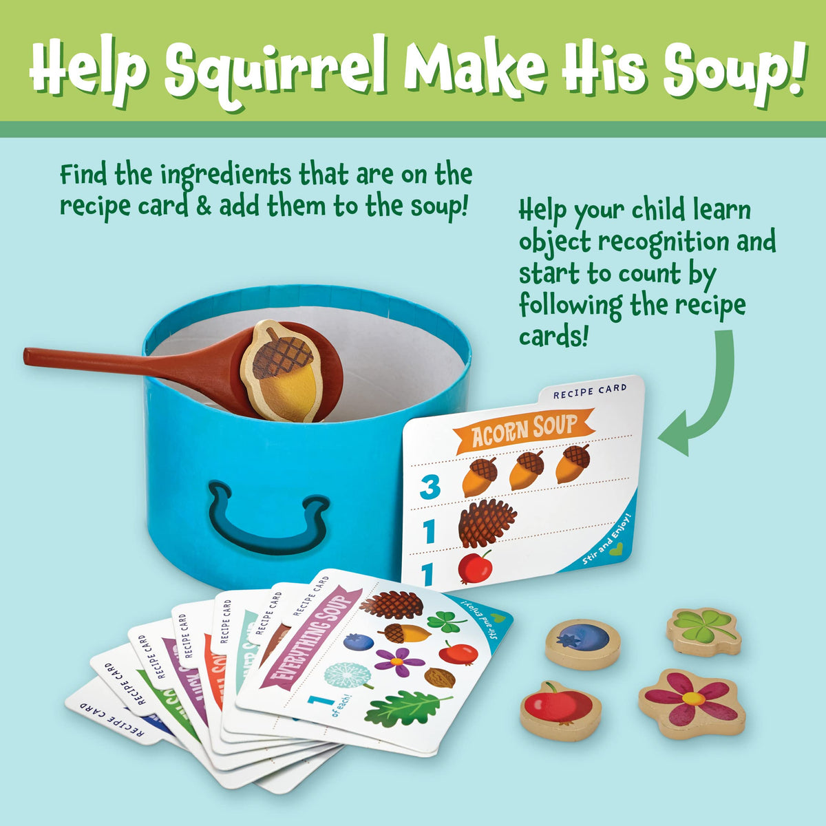 Peaceable Kingdom Acorn Soup Game recipe cards inspire turn-taking and cooperative play.