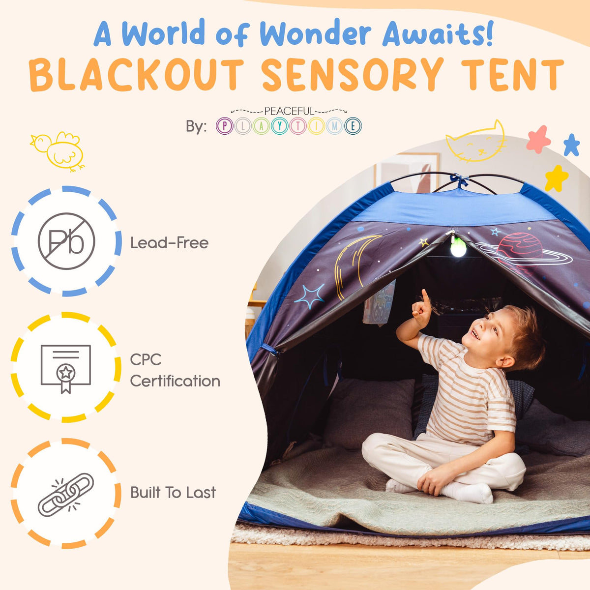 Peaceful Playtime blackout tent with clear phone pocket for easy soothing moments.