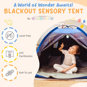 Peaceful Playtime blackout tent with clear phone pocket for easy soothing moments.