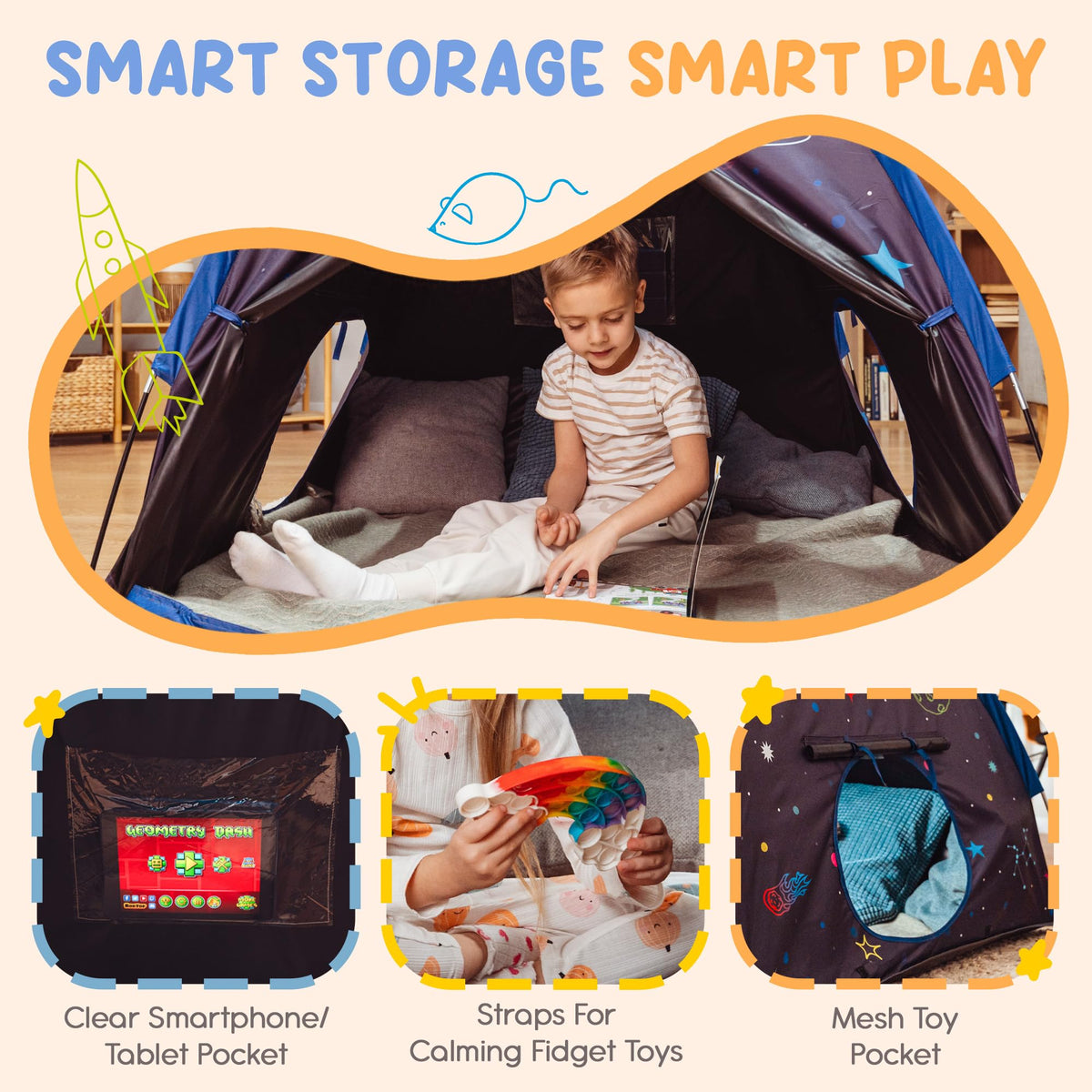 Peaceful Playtime sensory tent featuring mesh storage for quick toy access.