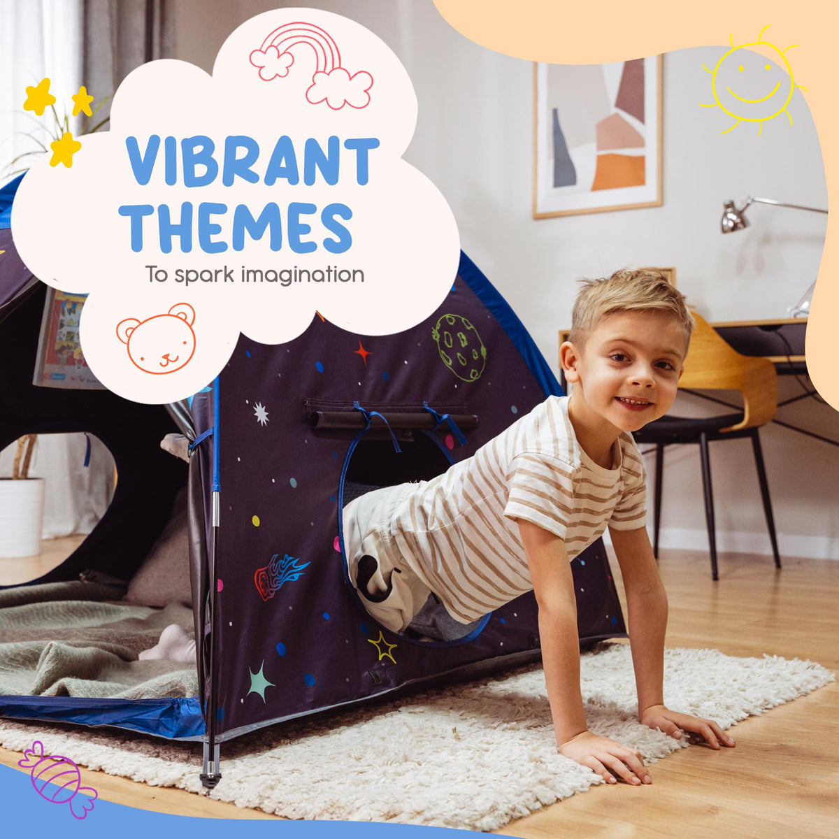 Peaceful Playtime sensory tent with a one-button light for gentle illumination.