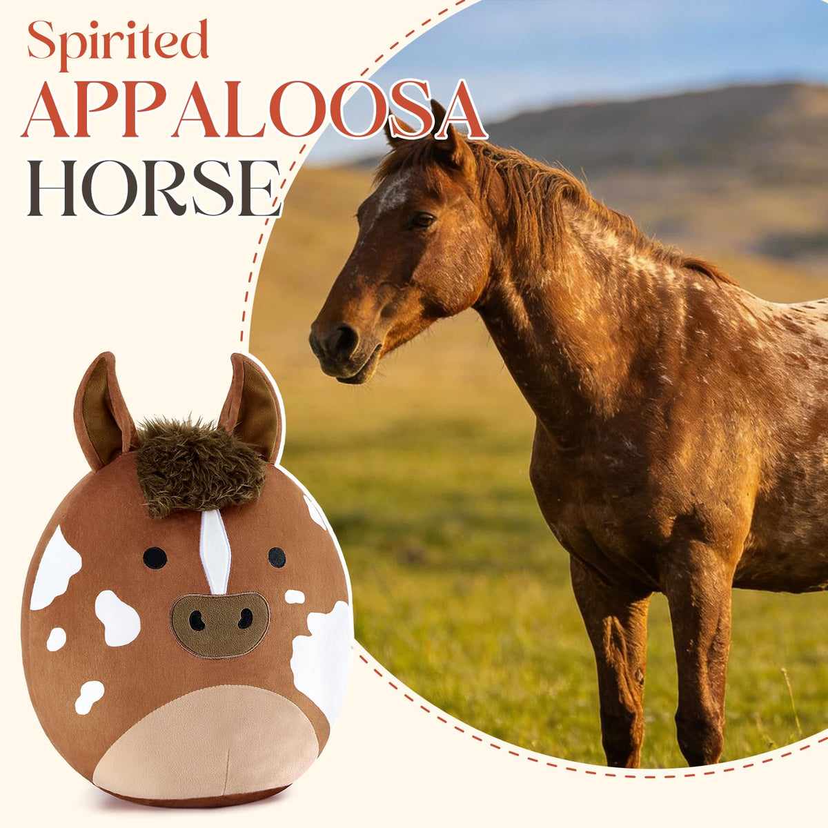 PEACH CAT Appaloosa horse plush with fluffy mane for cuddles.